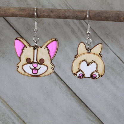 Hand-painted wooden corgi butt dangle earrings with funny dog lover design and hypoallergenic sterling silver hooks, lightweight corgi statement jewelry earrings for pet lovers and playful humor style