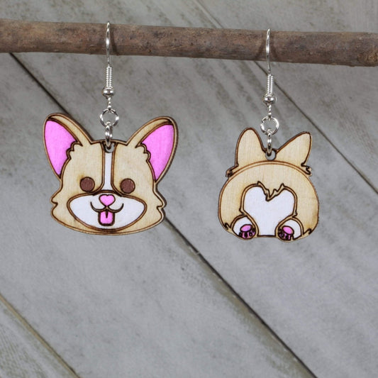 Hand-painted wooden corgi butt dangle earrings with funny dog lover design and hypoallergenic sterling silver hooks, lightweight corgi statement jewelry earrings for pet lovers and playful humor style