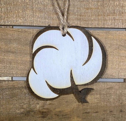 Hand-painted wooden cotton boll Christmas ornament featuring a rustic farmhouse design with fluffy cotton and natural branch details, cozy holiday decor for Southern homes and country style enthusiasts by Cate’s Concepts