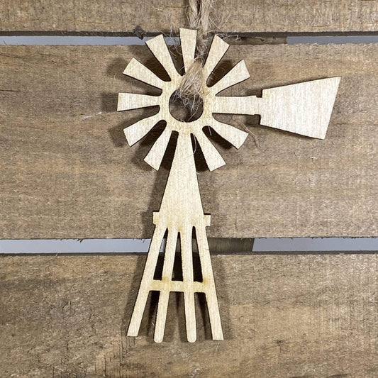Hand-painted wooden country windmill Christmas ornament featuring a rustic farm windmill design with detailed blades and vintage countryside charm, cozy holiday decor for farmhouse homes and rural lifestyle enthusiasts by Cate’s Concepts
