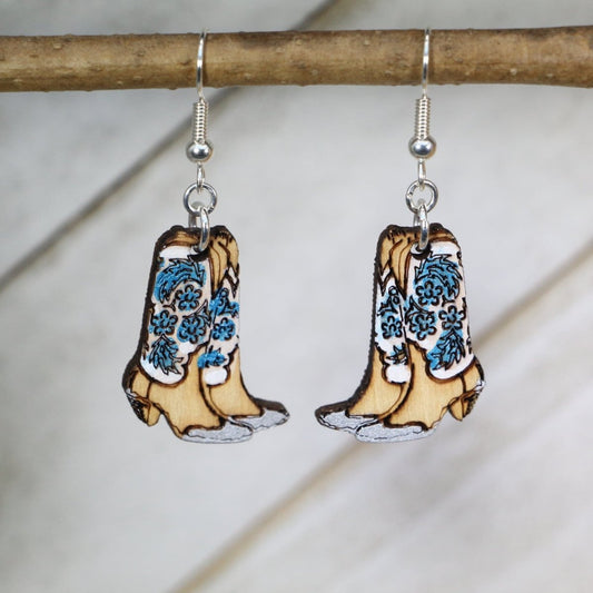 Hand-painted wooden cowboy boot dangle earrings with classic western design and hypoallergenic sterling silver hooks, rustic country statement jewelry earrings for rodeo and cowgirl style