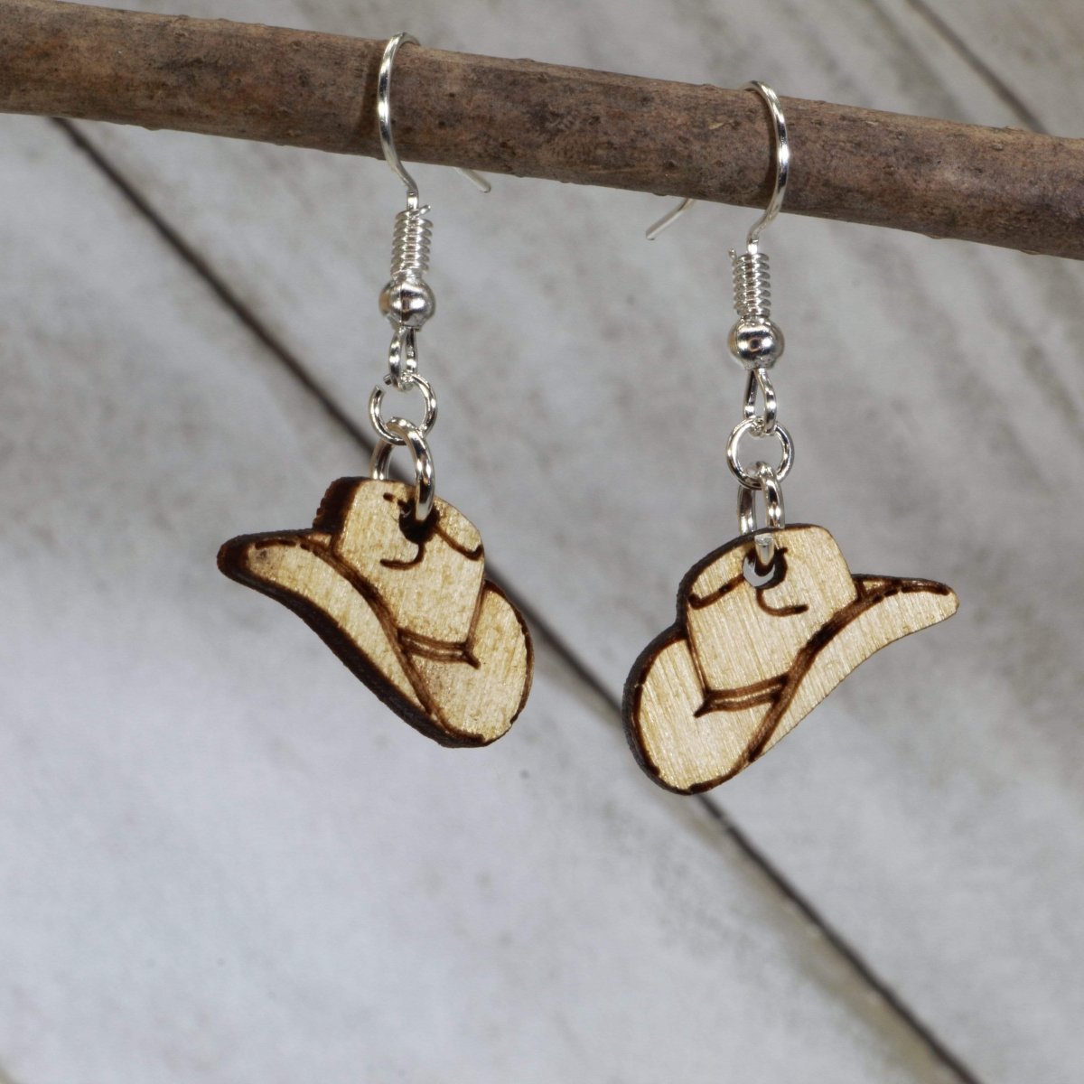 Hand-painted wooden cowboy hat dangle earrings with classic western design and hypoallergenic sterling silver hooks, lightweight cowboy statement jewelry earrings for country style
