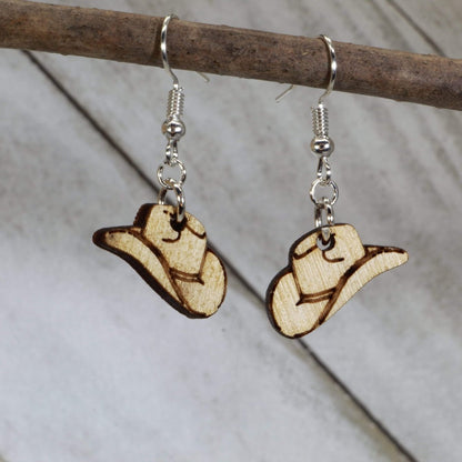 Hand-painted wooden cowboy hat dangle earrings with classic western design and hypoallergenic sterling silver hooks, lightweight cowboy statement jewelry earrings for country style