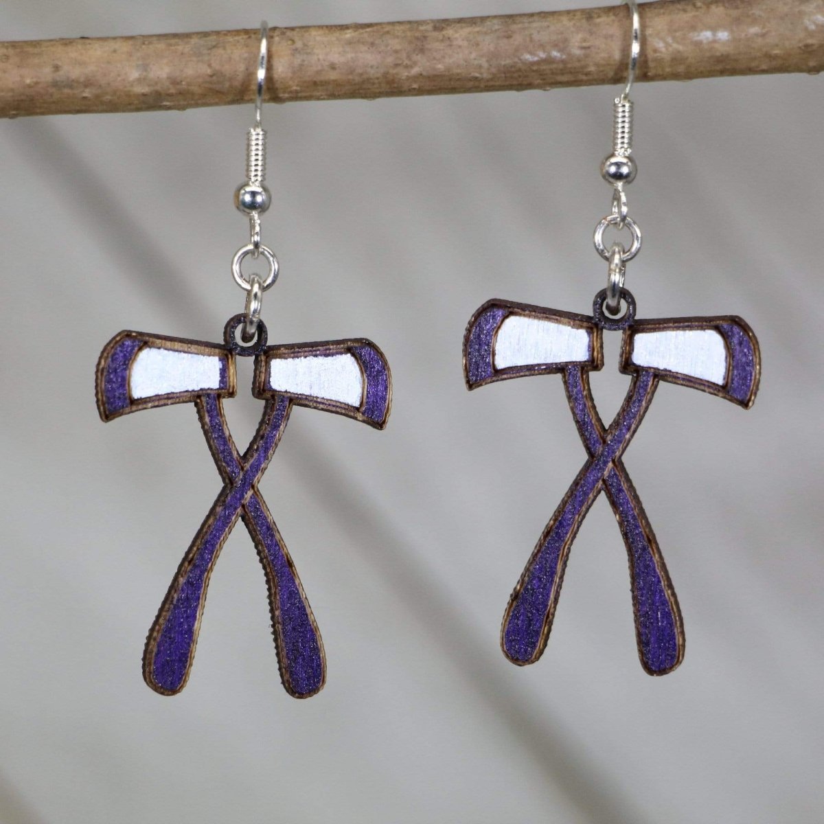 Hand-painted wooden crossed axes dangle earrings with Viking Norse weapon design and hypoallergenic sterling silver hooks, lightweight warrior statement jewelry earrings for mythology fans and bold style 
