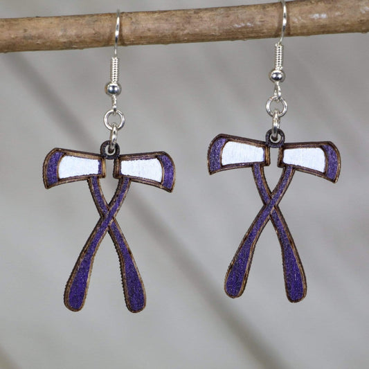 Hand-painted wooden crossed axes dangle earrings with Viking Norse weapon design and hypoallergenic sterling silver hooks, lightweight warrior statement jewelry earrings for mythology fans and bold style 