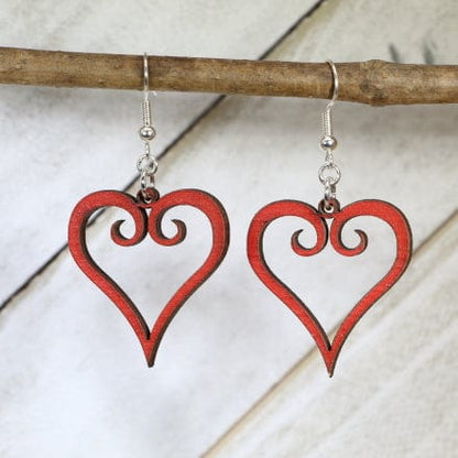 Hand-painted wooden curled heart dangle earrings with elegant romantic love design and hypoallergenic sterling silver hooks, heartfelt statement jewelry for Valentine’s Day gifts and everyday style