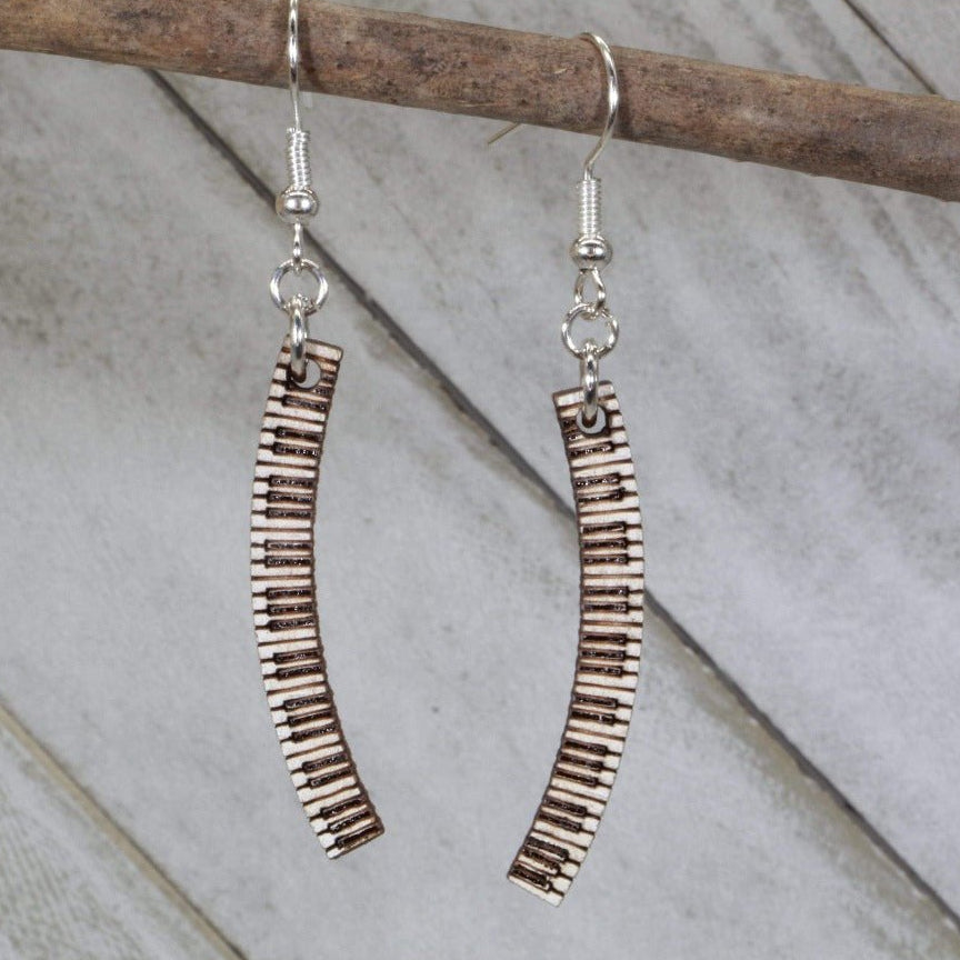 Hand-painted wooden curved piano keyboard dangle earrings with flowing musician instrument design and hypoallergenic sterling silver hooks, lightweight piano statement jewelry earrings for pianists, band students, and music lovers