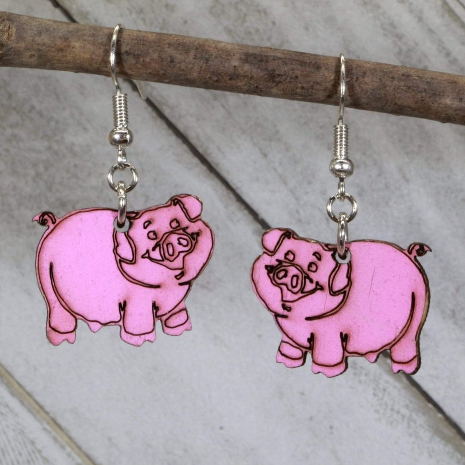 Hand-painted wooden cute pig dangle earrings with charming farm animal design and hypoallergenic sterling silver hooks, lightweight pig statement jewelry earrings for animal lovers and whimsical style