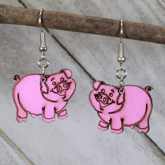 Hand-painted wooden cute pig dangle earrings with charming farm animal design and hypoallergenic sterling silver hooks, lightweight pig statement jewelry earrings for animal lovers and whimsical style