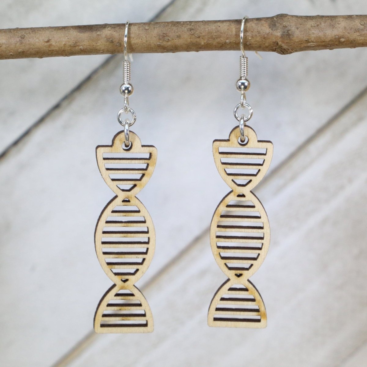 Hand-painted wooden DNA double helix dangle earrings with detailed science design and hypoallergenic sterling silver hooks, lightweight STEM statement jewelry earrings for scientists, teachers, and science lovers