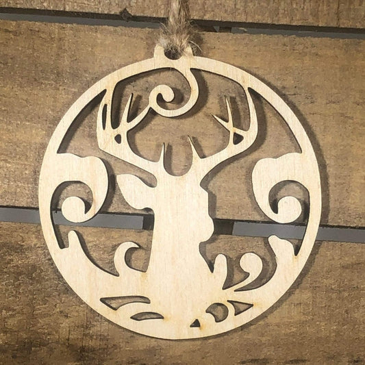 Hand-painted wooden deer Christmas ornament featuring a rustic woodland design with detailed antlers and natural silhouette, cozy holiday decor for cabin lovers and nature enthusiasts by Cate’s Concepts