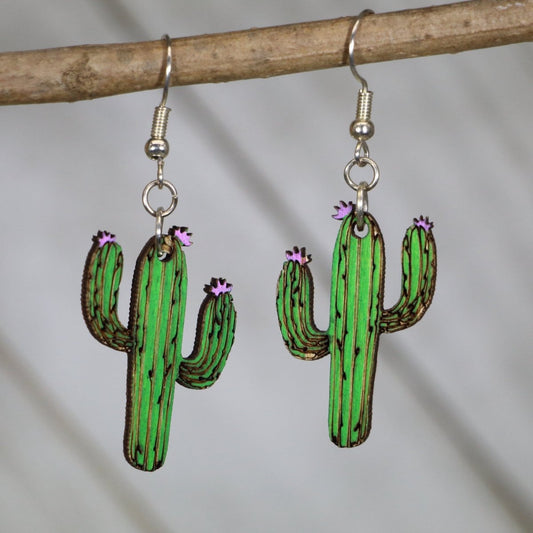Hand-painted wooden desert cactus dangle earrings with southwest plant design and hypoallergenic sterling silver hooks, lightweight cactus statement jewelry earrings for boho desert and western style