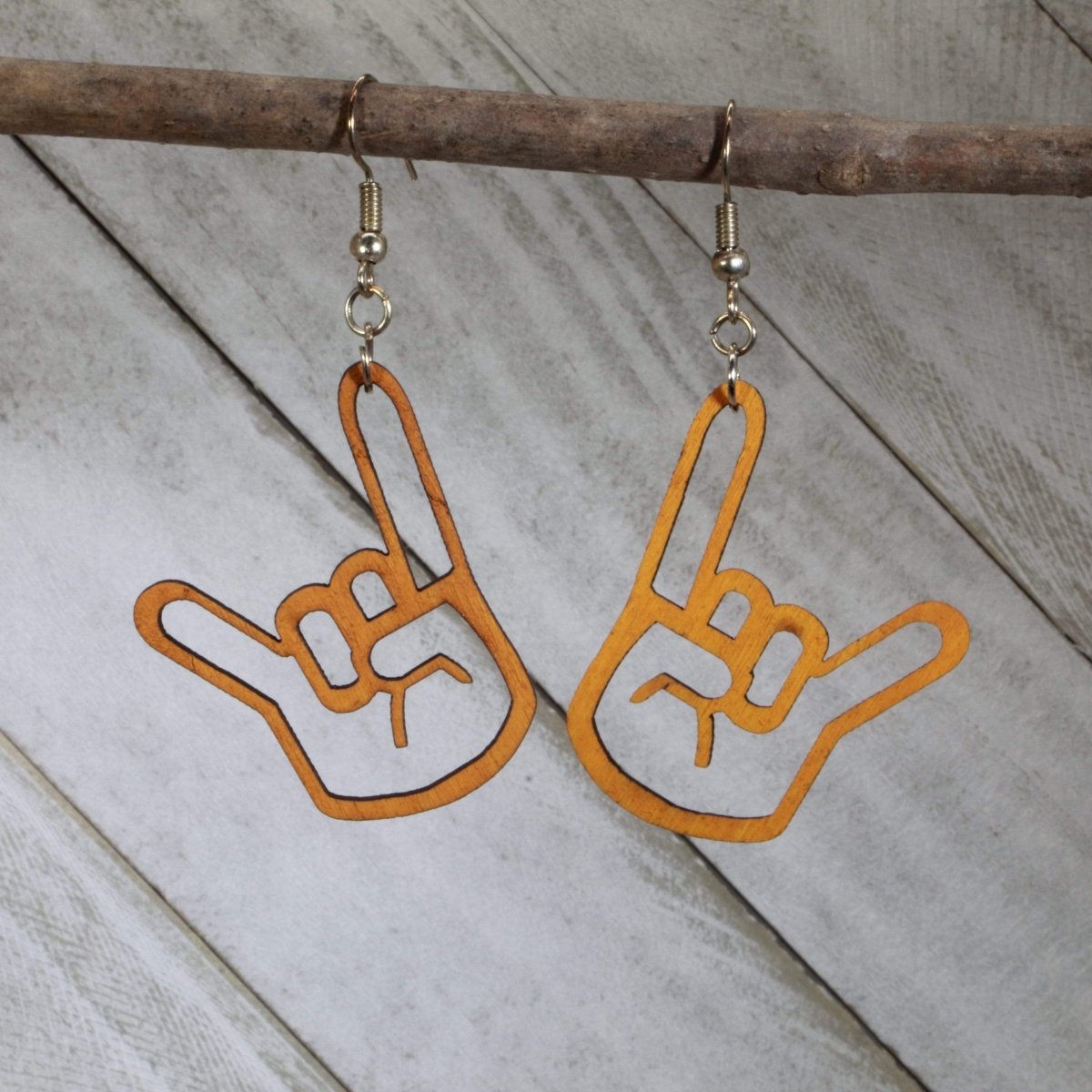Hand-painted wooden devil hand dangle earrings with rock horns gesture design and hypoallergenic sterling silver hooks, lightweight gothic rock statement jewelry earrings for metal and alternative style