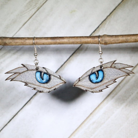 Hand-painted wooden dragon eye dangle earrings with mystical fantasy design and hypoallergenic sterling silver hooks, bold statement jewelry for dragon lovers and mythical style fans
