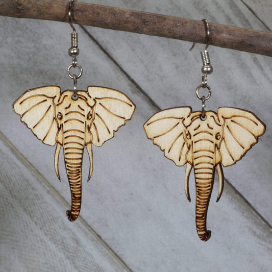 Hand-painted wooden elephant head dangle earrings with detailed wildlife design and hypoallergenic sterling silver hooks, lightweight elephant statement jewelry earrings for animal lovers and boho safari style
