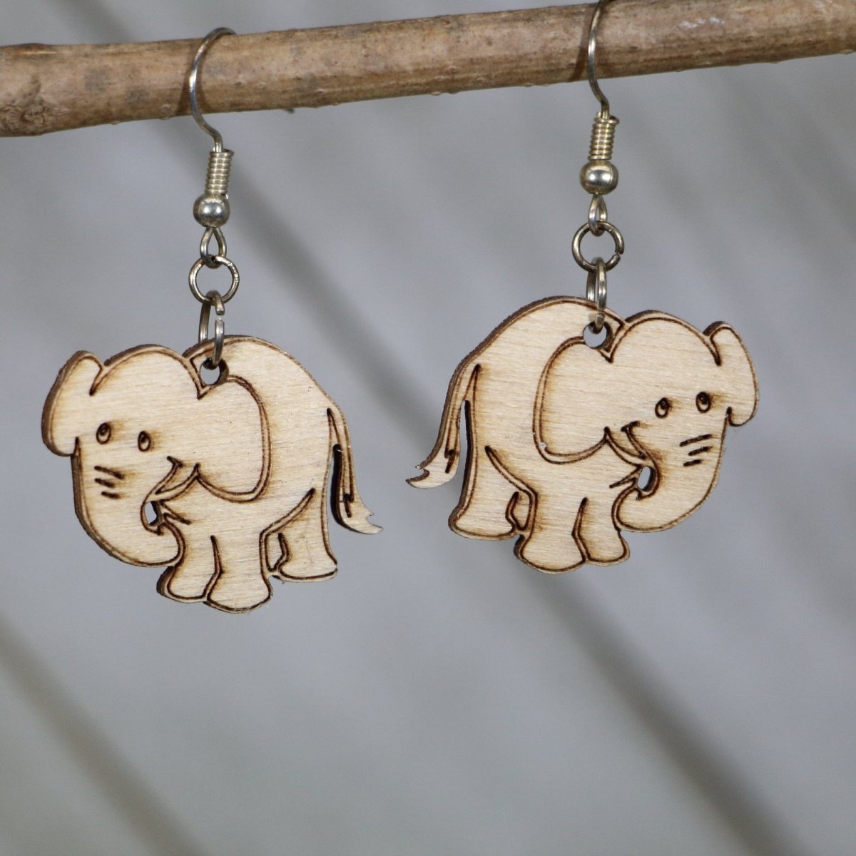 Hand-painted wooden elephant trunk up dangle earrings with lucky animal design and hypoallergenic sterling silver hooks, lightweight elephant statement jewelry earrings for good luck and boho safari style