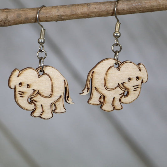 Hand-painted wooden elephant trunk up dangle earrings with lucky animal design and hypoallergenic sterling silver hooks, lightweight elephant statement jewelry earrings for good luck and boho safari style
