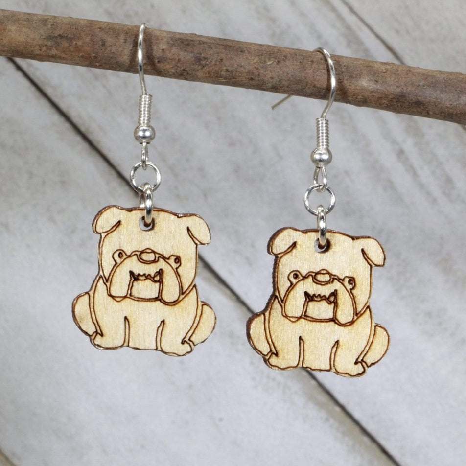 Hand-painted wooden English bulldog dangle earrings with cute dog lover design and hypoallergenic sterling silver hooks, playful pet statement jewelry earrings for bulldog fans