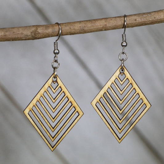Hand-painted wooden expanding diamond dangle earrings with geometric Art Deco design and hypoallergenic sterling silver hooks, lightweight statement jewelry earrings for vintage glamour and modern style