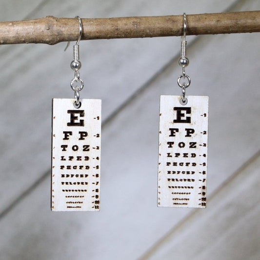Hand-painted wooden eye chart dangle earrings with optometrist vision test design and hypoallergenic sterling silver hooks, lightweight medical statement jewelry earrings for eye doctors, nurses, and healthcare professionals