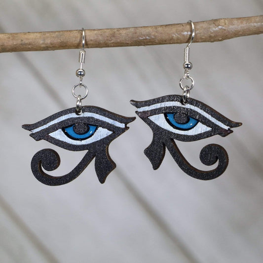 Hand-painted wooden Eye of Horus dangle earrings with Egyptian symbol design and hypoallergenic sterling silver hooks, lightweight ancient Egypt statement jewelry earrings for history and spiritual style