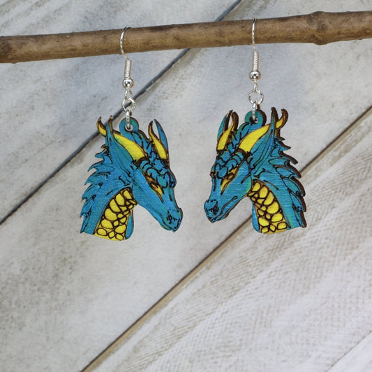 Blue Hand-painted wooden fantasy dragon dangle earrings with detailed mythical creature design and hypoallergenic sterling silver hooks, lightweight dragon statement jewelry earrings for fantasy lovers and magical style