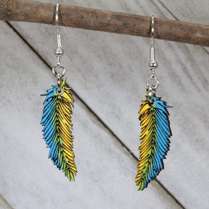 Hand-painted wooden feather dangle earrings with blue and yellow boho design and hypoallergenic sterling silver hooks, lightweight feather statement jewelry earrings for festival fashion and free-spirited style
