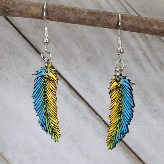 Hand-painted wooden feather dangle earrings with blue and yellow boho design and hypoallergenic sterling silver hooks, lightweight feather statement jewelry earrings for festival fashion and free-spirited style