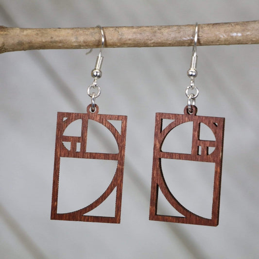Hand-painted wooden Fibonacci spiral dangle earrings with golden ratio math design and hypoallergenic sterling silver hooks, lightweight STEM statement jewelry earrings for mathematicians, teachers, and science lovers