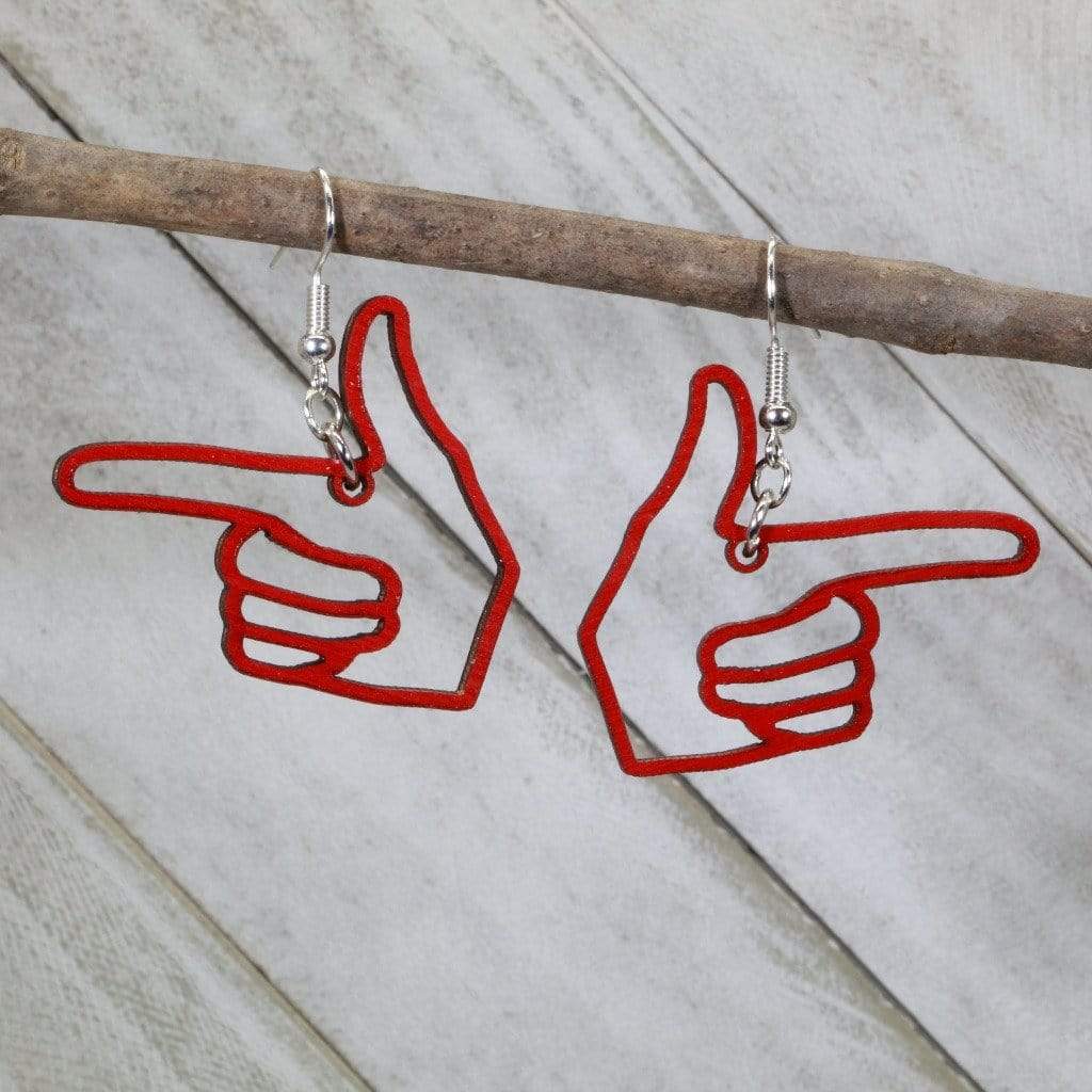 Hand-painted wooden finger gun hands dangle earrings with playful gesture design and hypoallergenic sterling silver hooks, lightweight funny statement jewelry earrings for quirky humor style