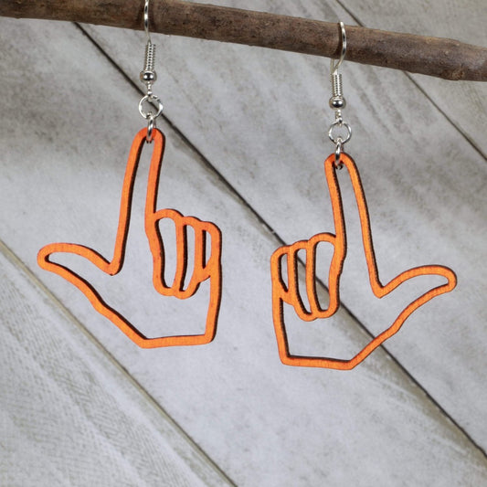 Hand-painted wooden finger gun dangle earrings with playful gesture design and hypoallergenic sterling silver hooks, lightweight funny statement jewelry earrings for quirky humor style