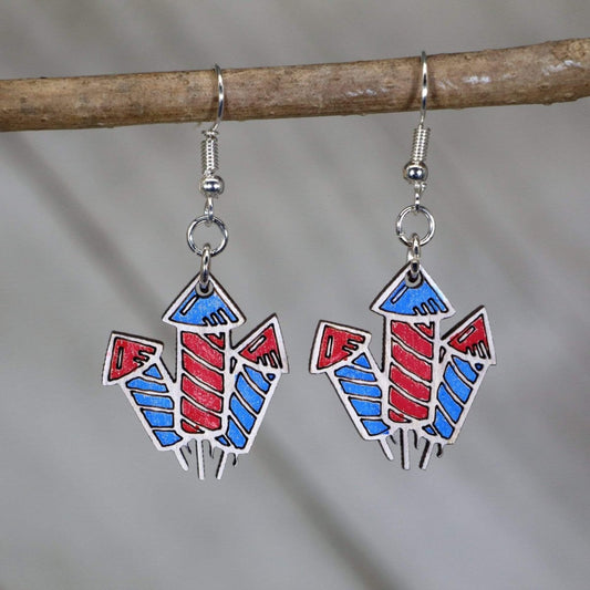 Hand-painted wooden fireworks dangle earrings with patriotic Fourth of July design and hypoallergenic sterling silver hooks, lightweight fireworks statement jewelry earrings for summer celebrations and USA pride