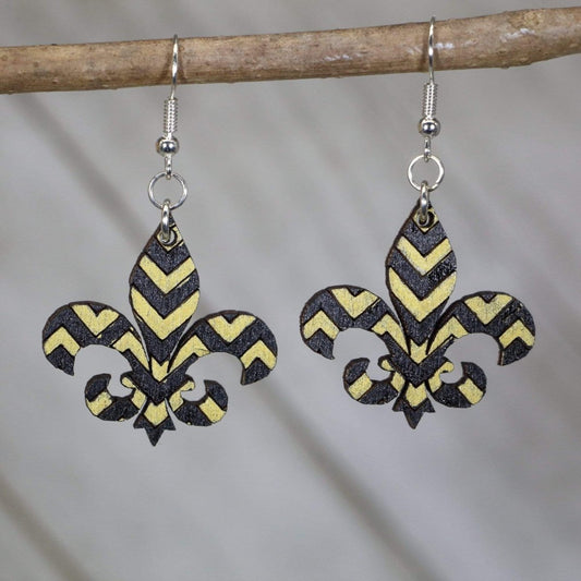 Hand-painted wooden fleur-de-lis dangle earrings with bold black and gold Louisiana design and hypoallergenic sterling silver hooks, lightweight fleur-de-lis statement jewelry earrings for Saints fans and southern style