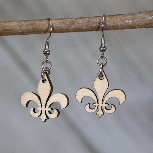 Hand-painted wooden fleur-de-lis dangle earrings with classic Louisiana state symbol design and hypoallergenic sterling silver hooks, lightweight fleur-de-lis statement jewelry earrings for New Orleans style