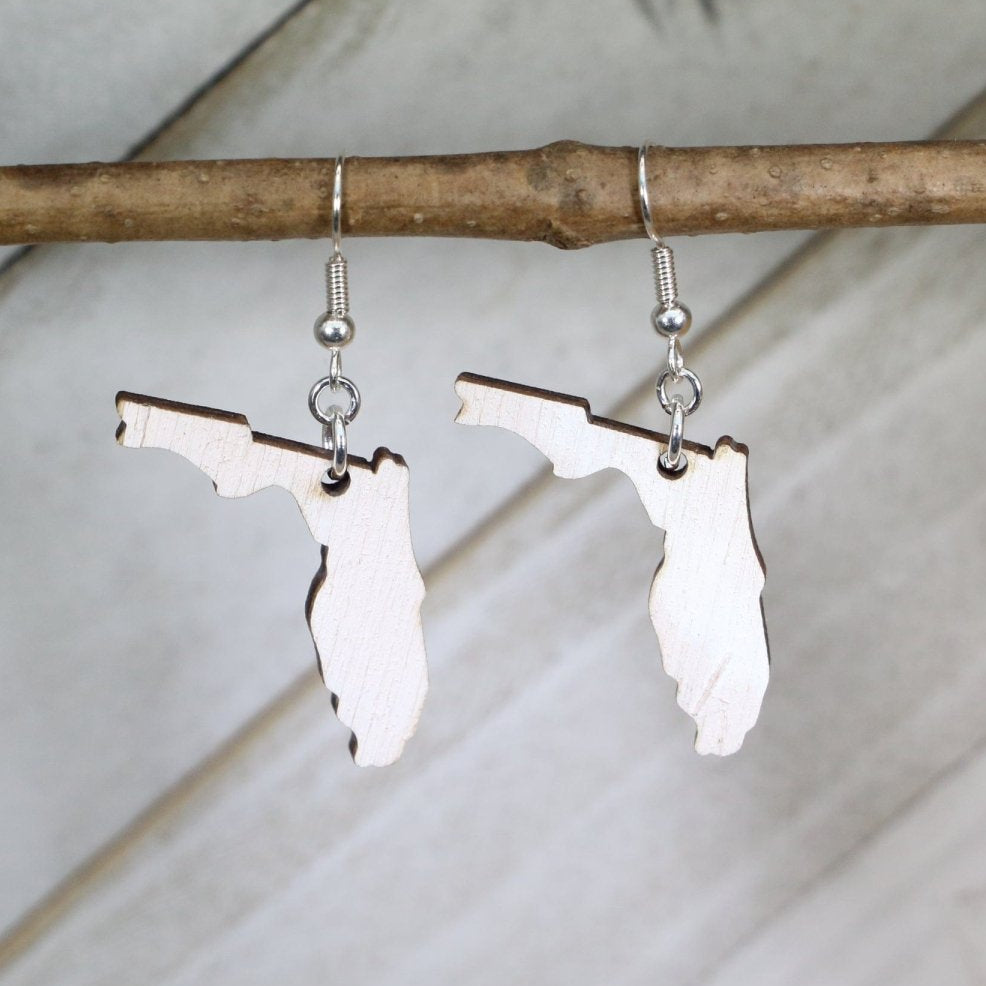 Hand-painted wooden Florida state dangle earrings with Sunshine State outline design and hypoallergenic sterling silver hooks, tropical state pride jewelry for Florida lovers and beach fans