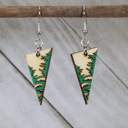 Hand-painted wooden forest landscape dangle earrings with scenic nature design and hypoallergenic sterling silver hooks, lightweight woodland statement jewelry earrings for outdoor lovers and rustic style