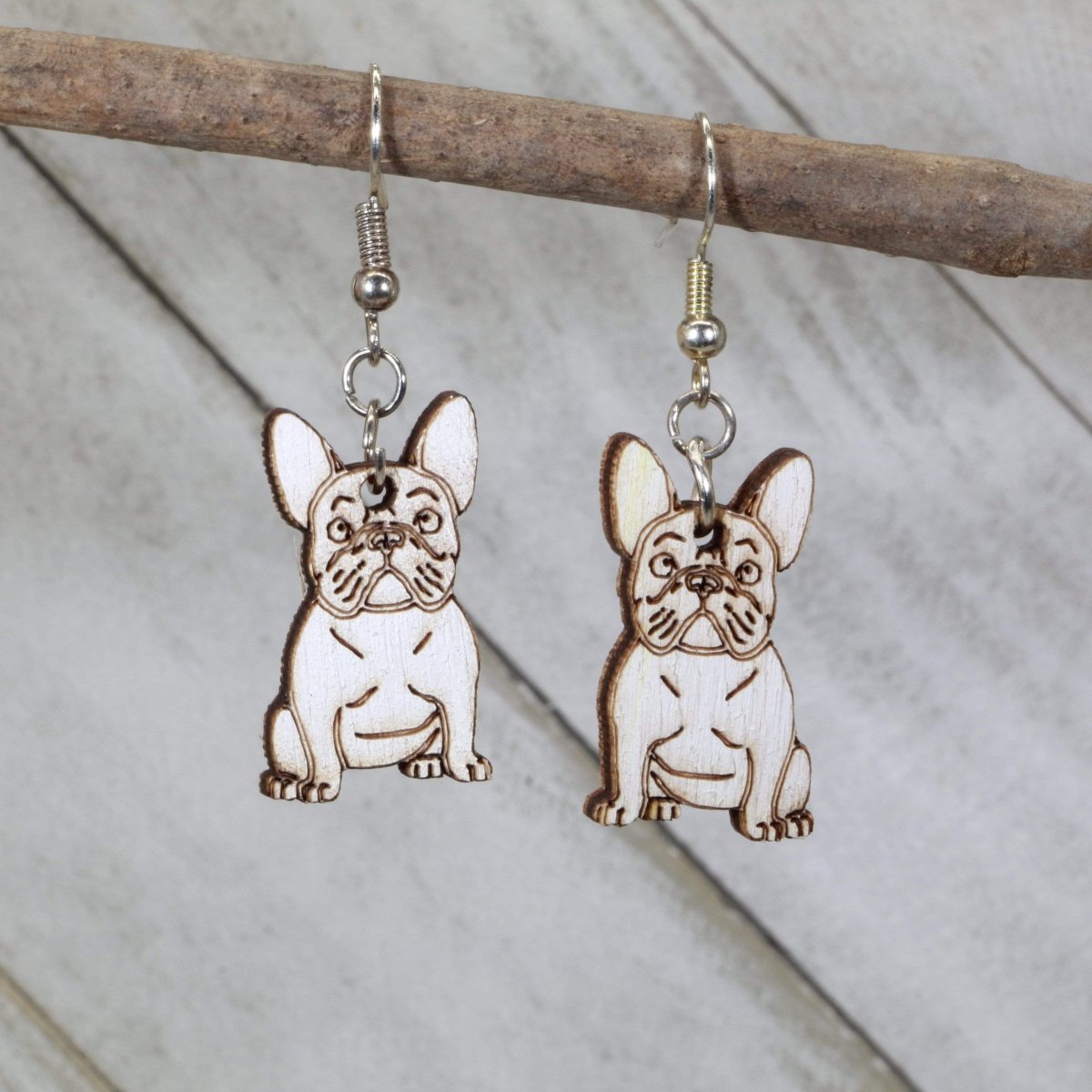 Hand-painted wooden French bulldog dangle earrings with cute dog lover design and hypoallergenic sterling silver hooks, lightweight Frenchie statement jewelry earrings for pet lovers
