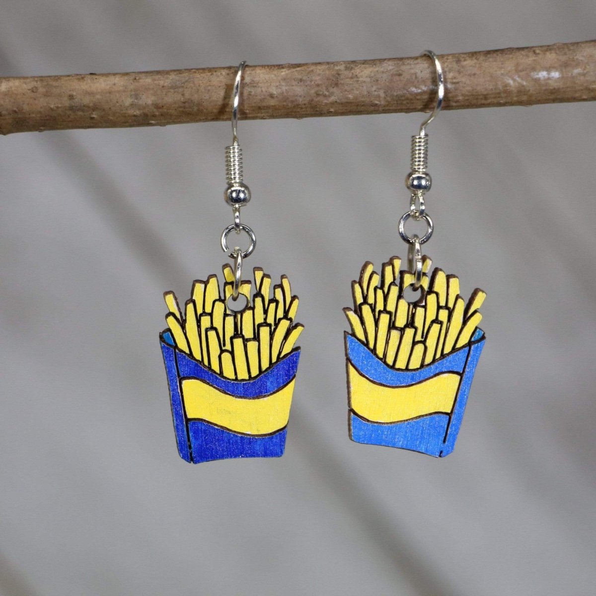 Blue hand-painted wooden french fry dangle earrings with crispy fast food design and hypoallergenic sterling silver hooks, lightweight fry statement jewelry earrings for food lovers and quirky style