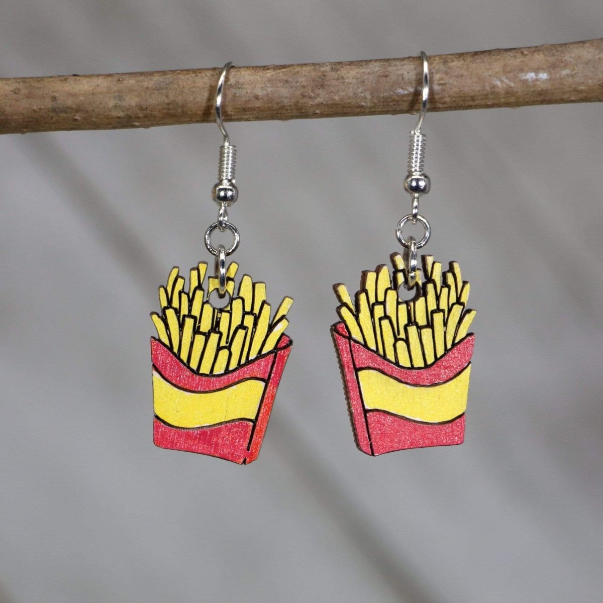 Red hand-painted wooden french fry dangle earrings with crispy fast food design and hypoallergenic sterling silver hooks, lightweight fry statement jewelry earrings for food lovers and quirky style