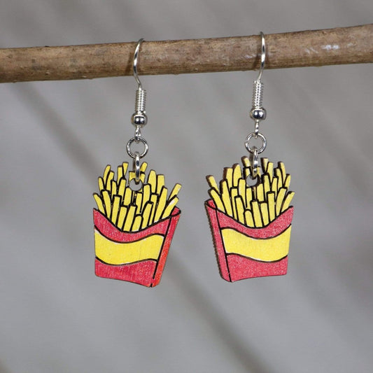 Red hand-painted wooden french fry dangle earrings with crispy fast food design and hypoallergenic sterling silver hooks, lightweight fry statement jewelry earrings for food lovers and quirky style