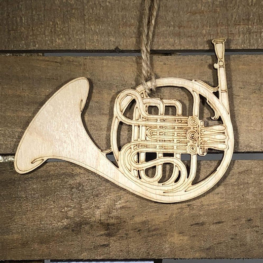 Hand-painted wooden French horn Christmas ornament featuring a detailed brass instrument design with coiled tubing and flared bell, festive holiday decor for band members and music lovers by Cate’s Concepts