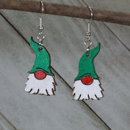 Hand-painted wooden garden gnome dangle earrings with whimsical nature design and hypoallergenic sterling silver hooks, lightweight gnome statement jewelry earrings for cottagecore and fantasy style
