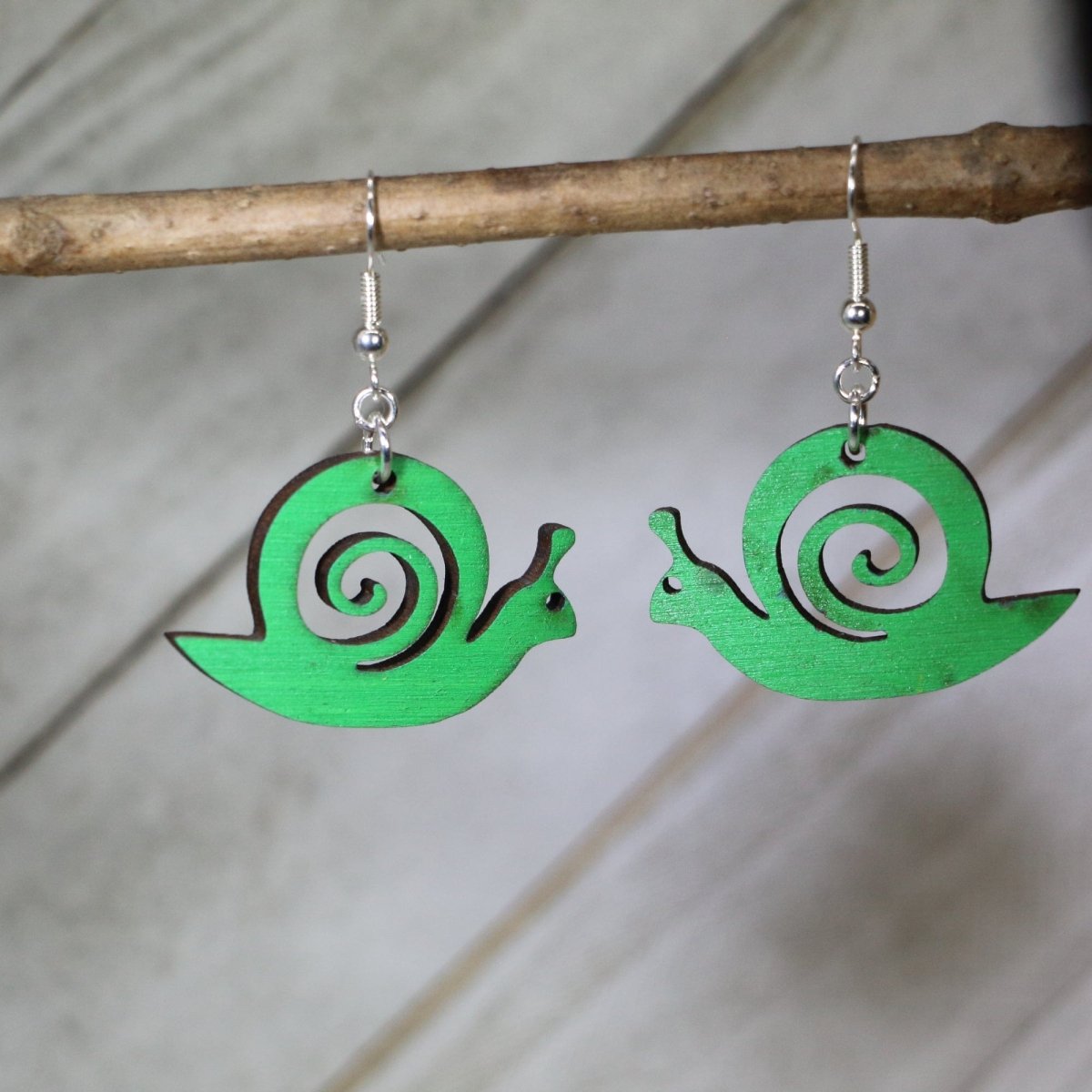 Hand-painted wooden garden snail dangle earrings with detailed nature animal design and hypoallergenic sterling silver hooks, lightweight snail statement jewelry earrings for garden lovers and quirky style  - Green - Cate's Concepts, LLC