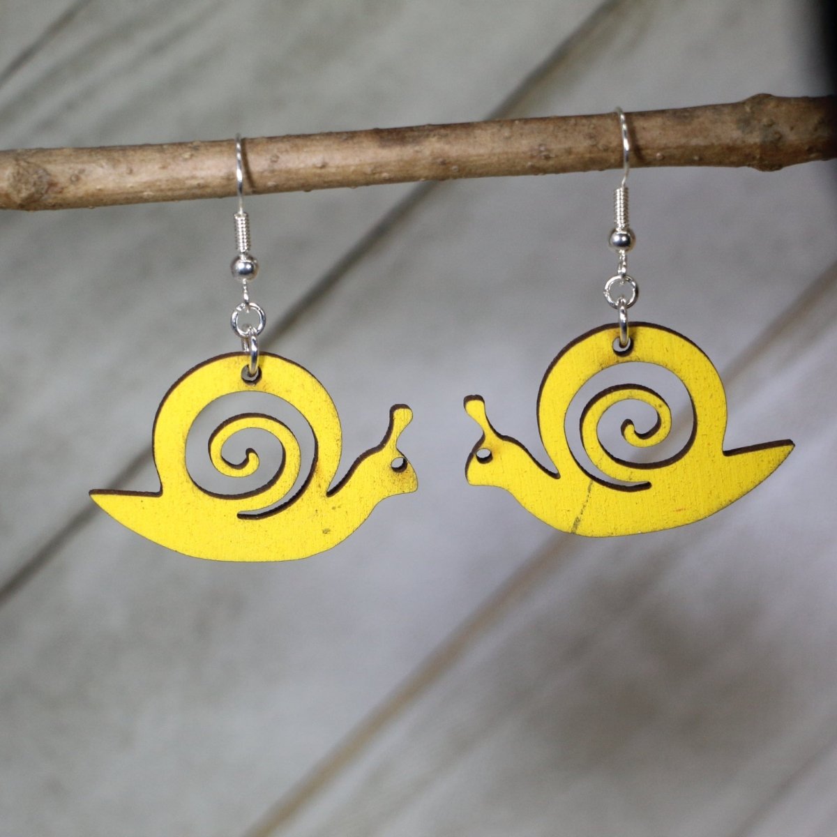 Hand-painted wooden garden snail dangle earrings with detailed nature animal design and hypoallergenic sterling silver hooks, lightweight snail statement jewelry earrings for garden lovers and quirky style - Yellow - Cate's Concepts, LLC