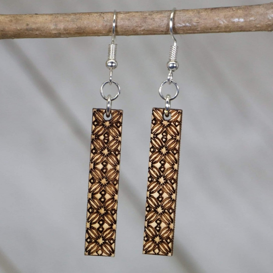Hand-painted wooden geometric floral bar dangle earrings with modern botanical design and hypoallergenic sterling silver hooks, lightweight floral statement jewelry earrings for minimalist and contemporary style