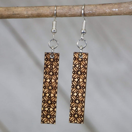 Hand-painted wooden geometric floral bar dangle earrings with modern botanical design and hypoallergenic sterling silver hooks, lightweight floral statement jewelry earrings for minimalist and contemporary style
