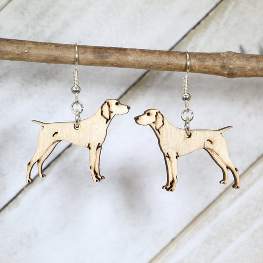Hand-painted wooden German Shorthaired Pointer dangle earrings with hunting dog design and hypoallergenic sterling silver hooks, dog lover statement jewelry for pet owners and sporting dog fans