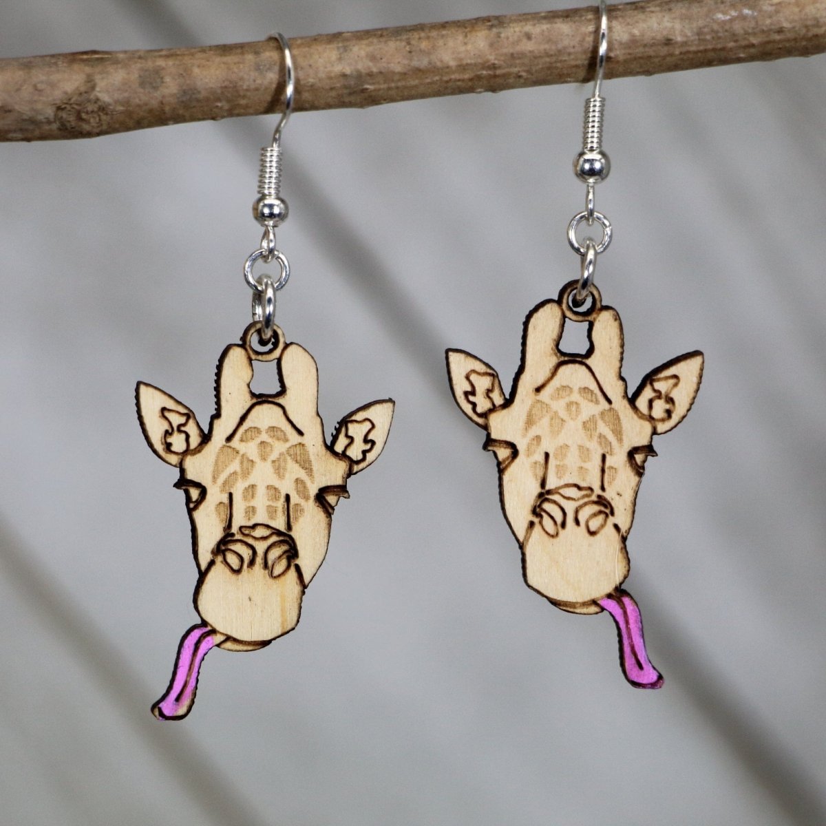 Hand-painted wooden giraffe dangle earrings with cute safari animal design and hypoallergenic sterling silver hooks, lightweight giraffe statement jewelry earrings for wildlife lovers and playful style
