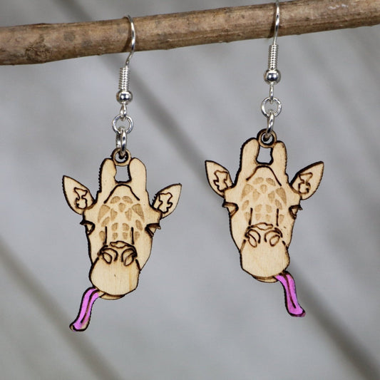 Hand-painted wooden giraffe dangle earrings with cute safari animal design and hypoallergenic sterling silver hooks, lightweight giraffe statement jewelry earrings for wildlife lovers and playful style