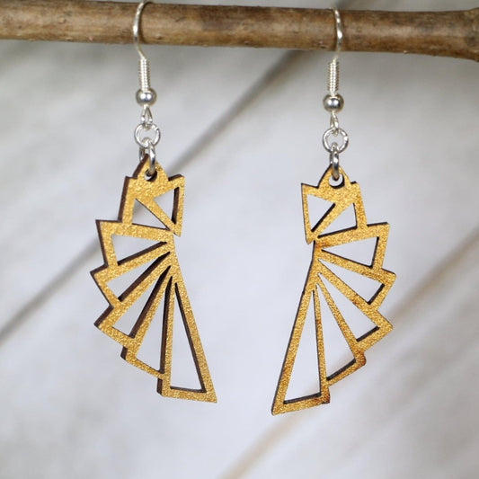 Hand-painted wooden golden fan dangle earrings with elegant Art Deco design and hypoallergenic sterling silver hooks, lightweight fan statement jewelry earrings for vintage glam and geometric style
